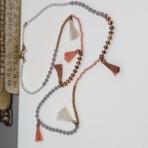 J. Crew Rose gold, pink, gray and White Tassel Bead 32" Necklace